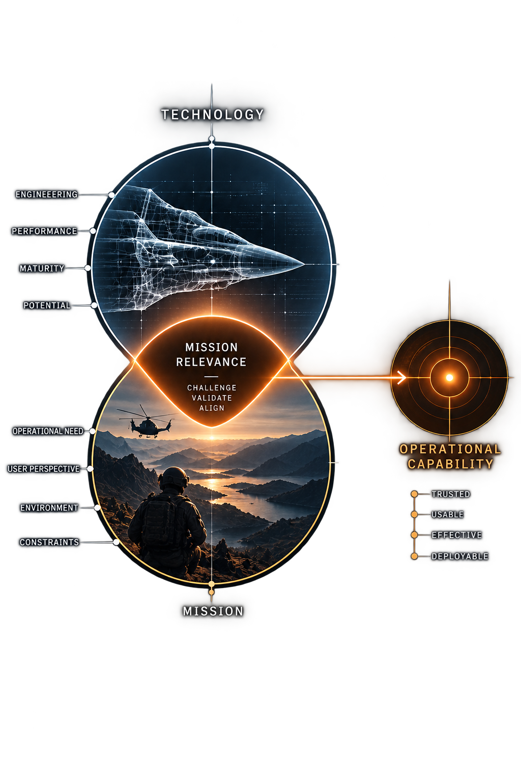 Technology and mission as two connected fields joined by mission relevance — challenging, validating and aligning engineering, performance, maturity and potential with operational need, user perspective, environment and constraints — leading to operational capability that is trusted, usable, effective and deployable.
