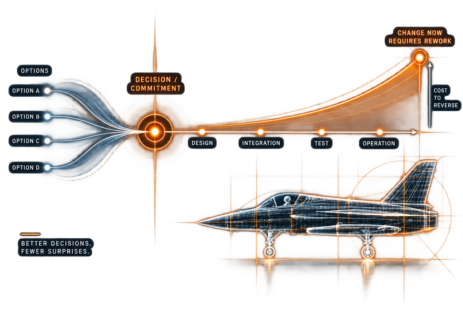 Decision paths converge at commitment, followed by design, integration, test and operation as the cost to reverse rises.